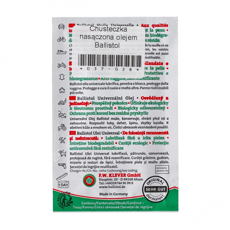 Ballistol - Chusteczka nasączona olejem do pielęgnacji drewna, metalu